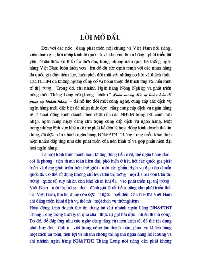Giải pháp mở rộng hoạt động thanh toán bằng thẻ tại chi nháh ngân hàng Nông Nghiệp và Phát triển nông thôn Thăng Long