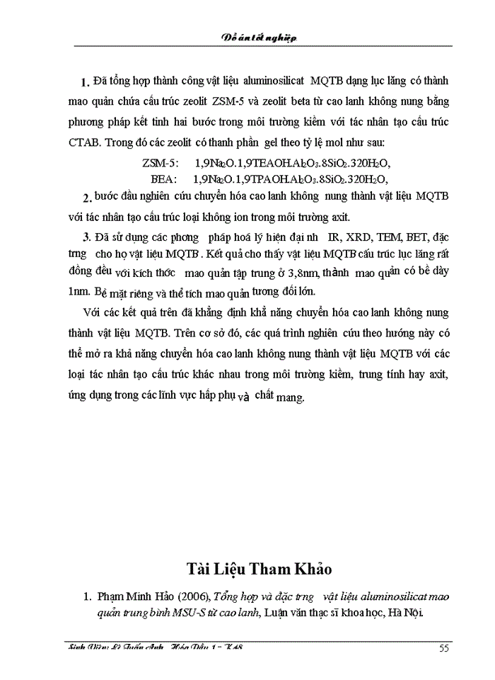 image for page Nghiên cứu tổng hợp vật liệu aluminosilicat mao quản trung bình chứa cấu trúc zeolit từ cao lanh không nung