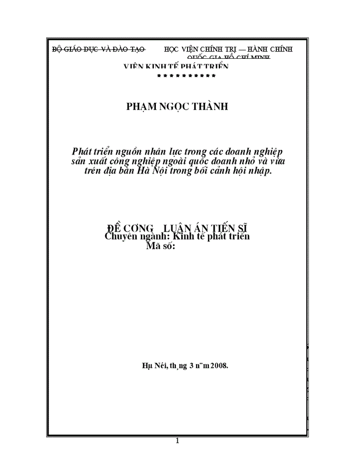 Phát triển nguồn nhân lực trong các doanh nghiệp sản xuất công nghiệp ngoài quốc doanh nhỏ và vừa trên địa bàn Hà Nội trong bối cảnh hội nhập