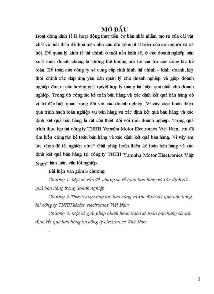 Giải pháp hoàn thiện kê toán bán hàng và xác định kết quả bán hàng tại công ty TNHH Yamaha Motor Electronics ViÖt Nam