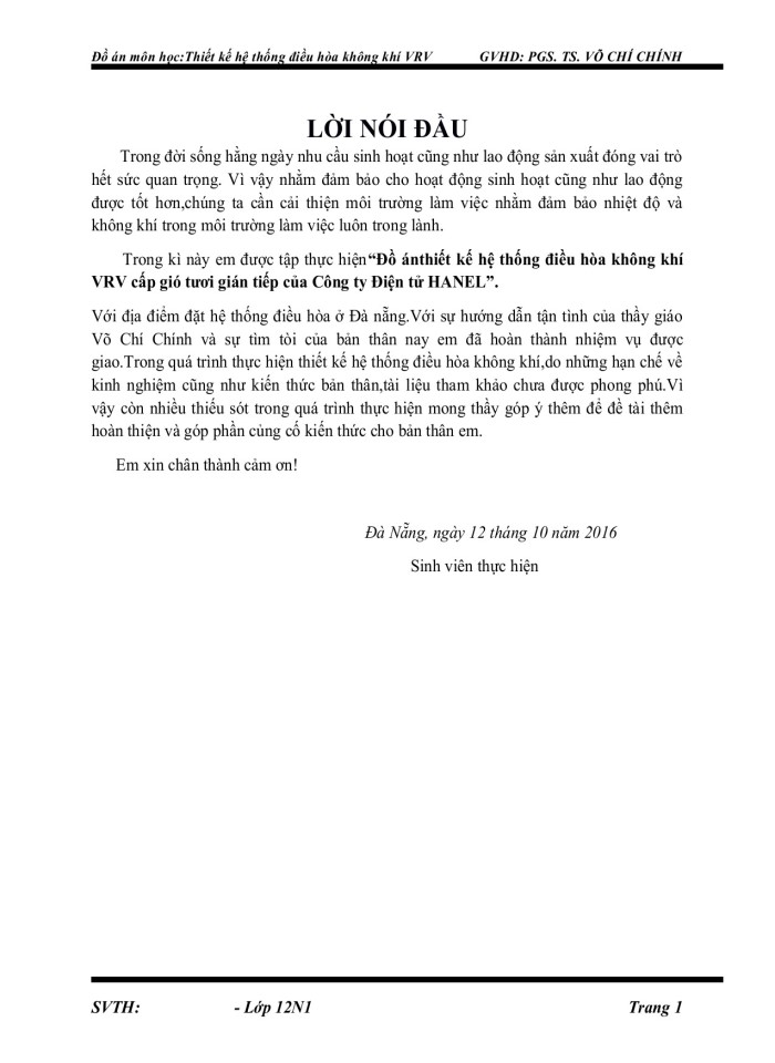 image for page Đồ ánthiết kế hệ thống điều hòa không khí VRV cấp gió tươi gián tiếp của Công ty Điện tử HANEL