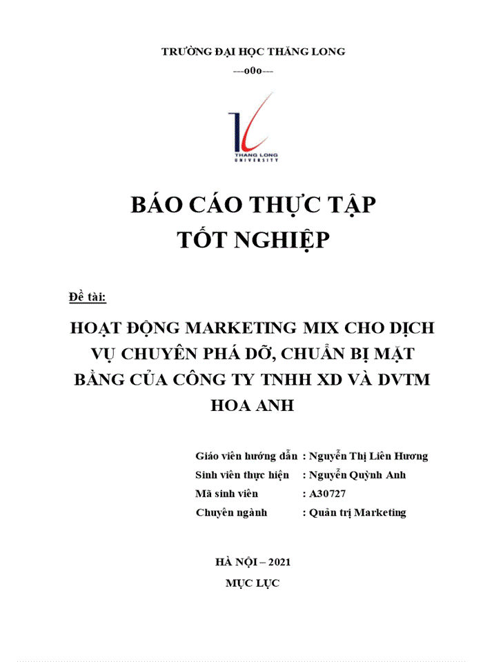 image for page Hoạt động Marketing Mix cho dịch vụ chuyên phá dỡ, chuẩn bị mặt bằng xây dựng của công ty TNHH XD và DVTM Hoa Anh