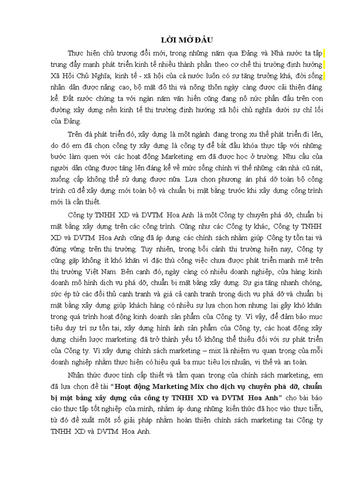image for page Hoạt động Marketing Mix cho dịch vụ chuyên phá dỡ, chuẩn bị mặt bằng xây dựng của công ty TNHH XD và DVTM Hoa Anh