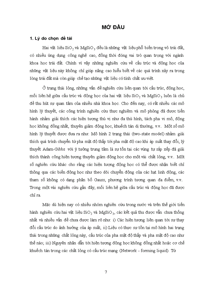 image for page Nghiên cứu đặc trưng cấu trúc và động học của các vật liệu SiO2 và MgSiO3 lỏng