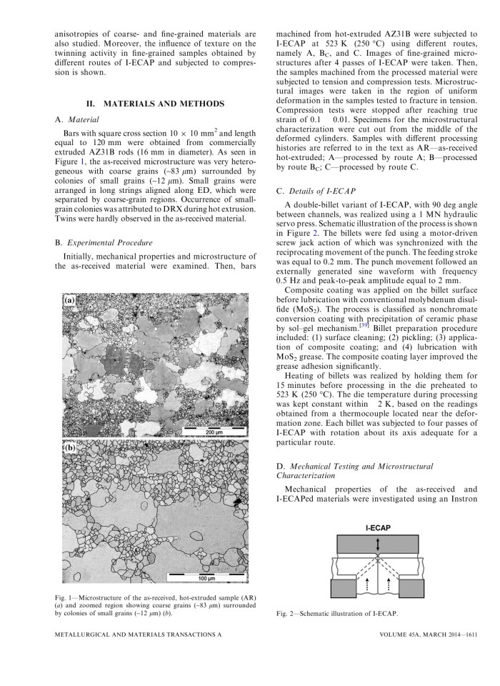 Mechanical Properties and Microstructure of AZ31B Magnesium Alloy Processed by I-ECAP