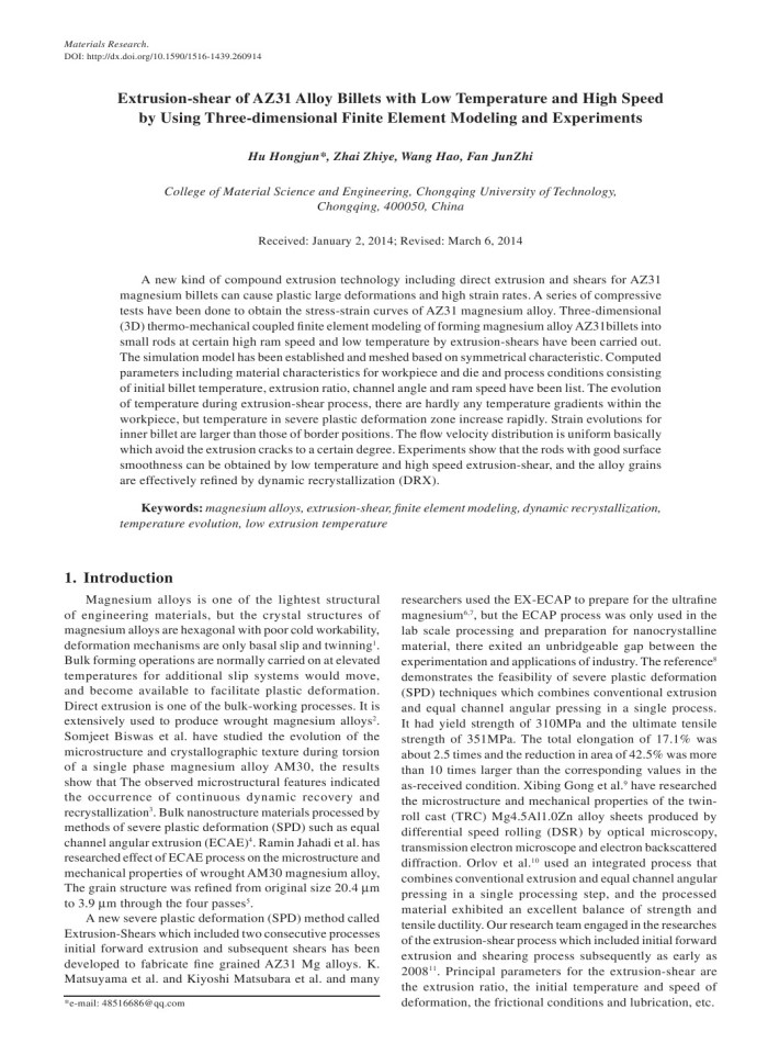 Extrusion-shear of AZ31 Alloy Billets with Low Temperature and High Speed by Using Three-dimensional Finite Element Modeling and Experiments