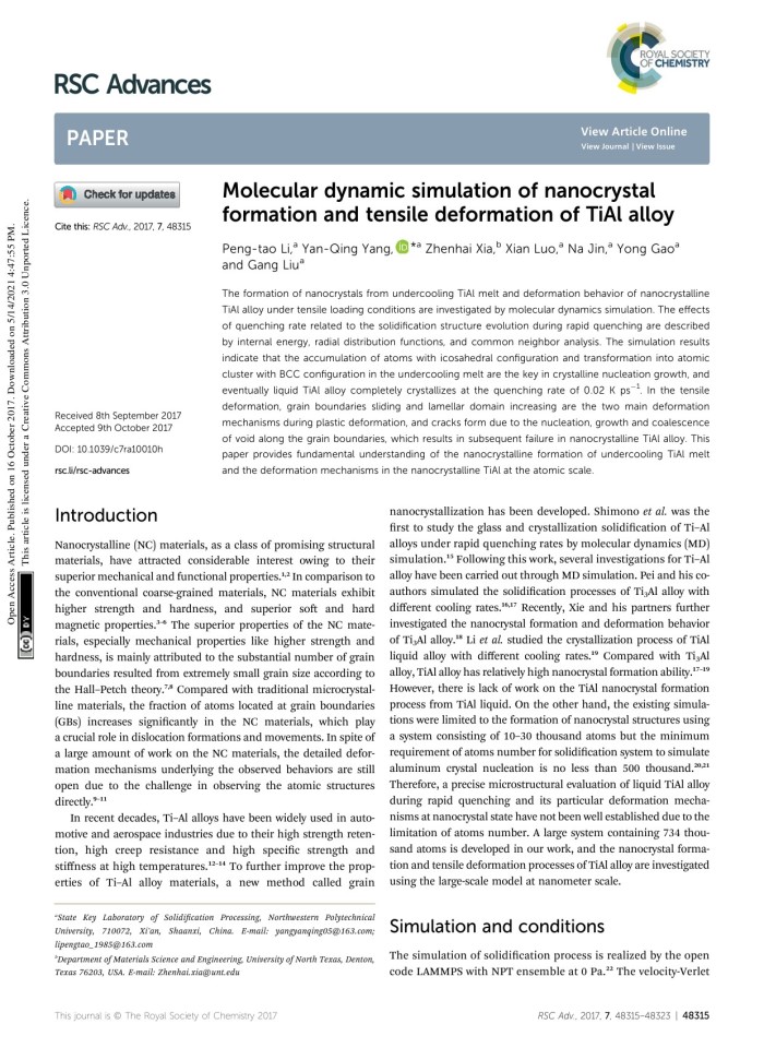 image for page Molecular dynamic simulation of nanocrystal formation and tensile deformation of TiAl alloy