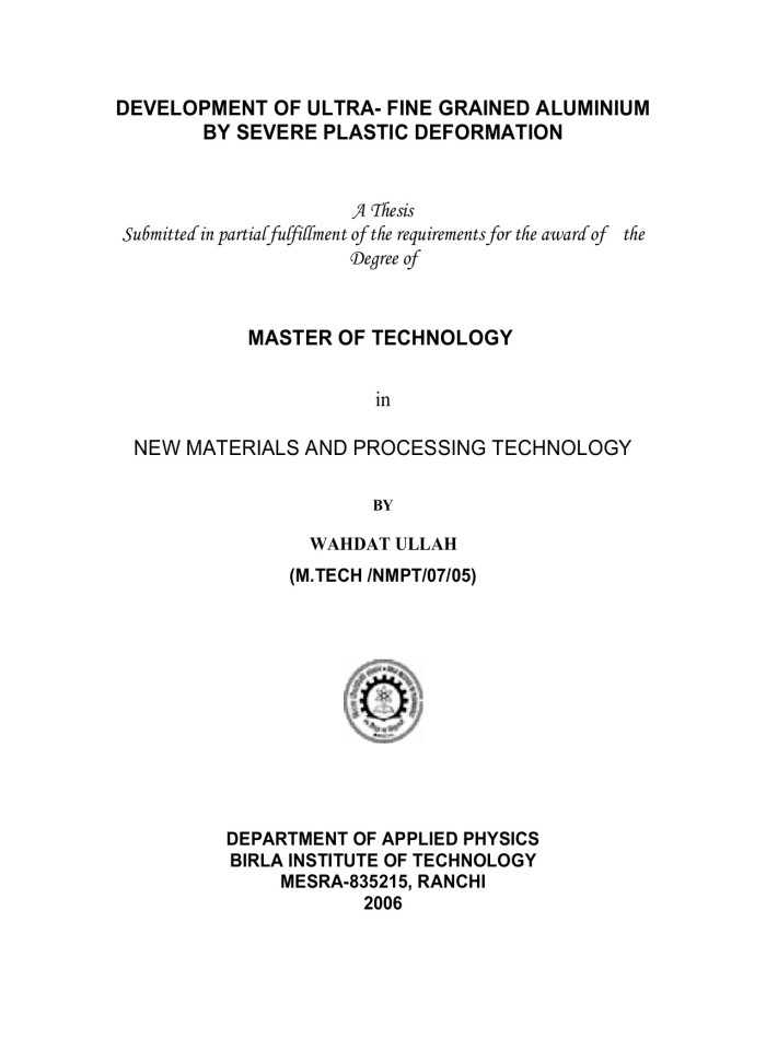 image for page Development of ultra-fine grained aluminium by severe plastic deformation