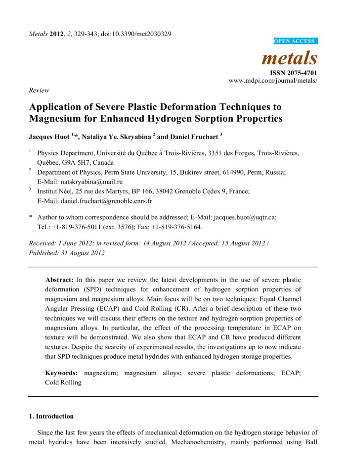 image for page Application of Severe Plastic Deformation Techniques to Magnesium for Enhanced Hydrogen Sorption Properties