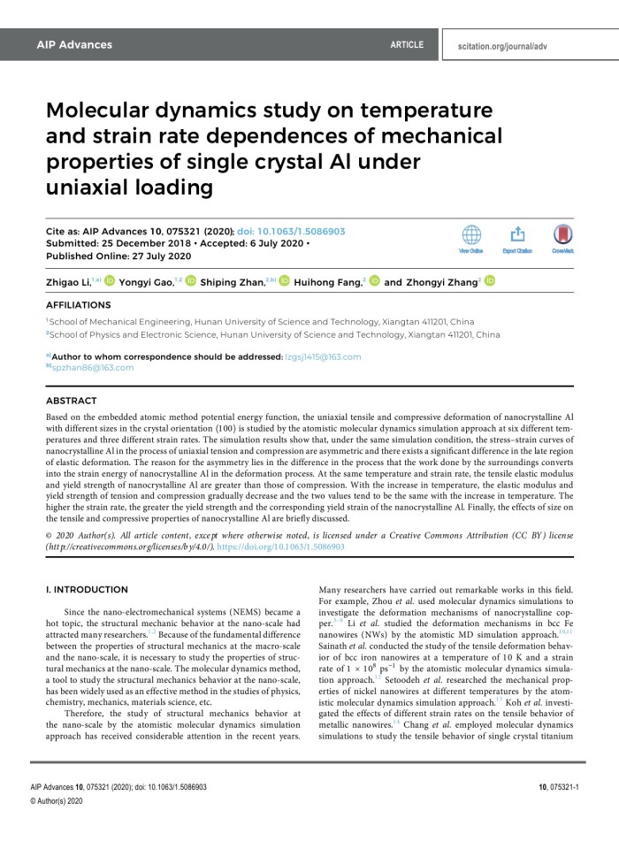 image for page Molecular dynamics study on temperature and strain rate dependences of mechanical properties of single crystal Al under uniaxial loading