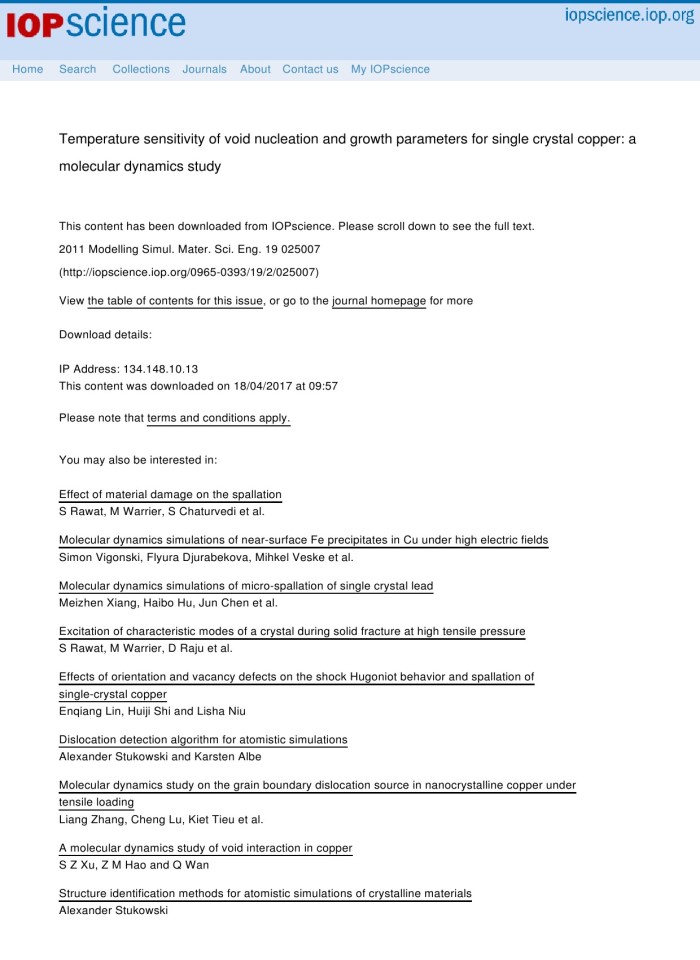 image for page Emperature sensitivity of void nucleation and growth parameters for single crystal copper: a molecular dynamics study