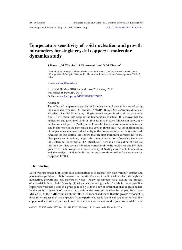 Emperature sensitivity of void nucleation and growth parameters for single crystal copper: a molecular dynamics study