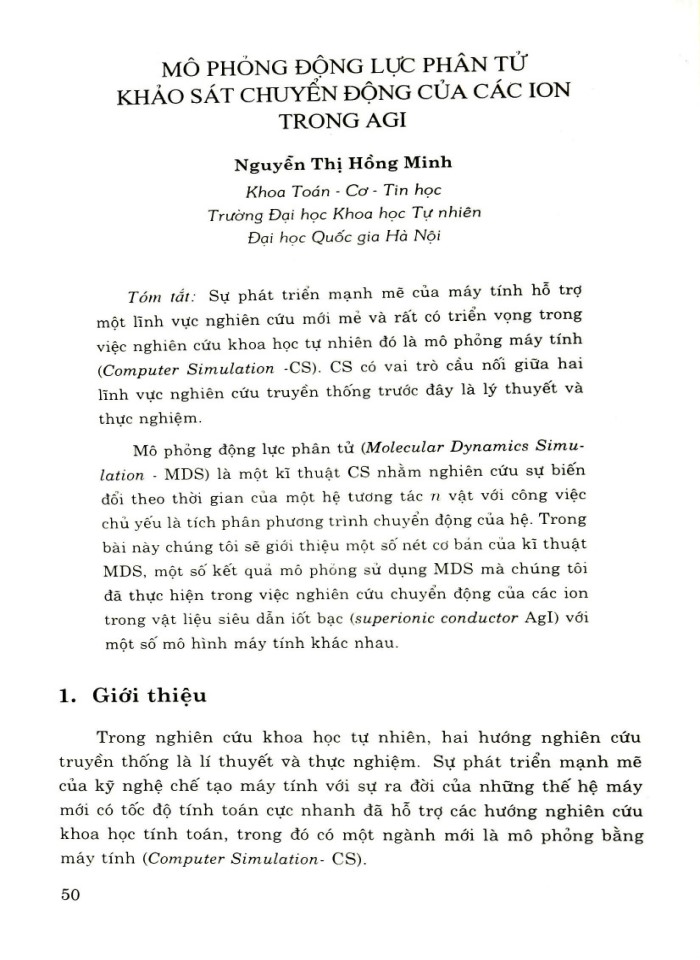 Mô phỏng động lực phan tử khảo sát chuyể động của các ion trong AGI