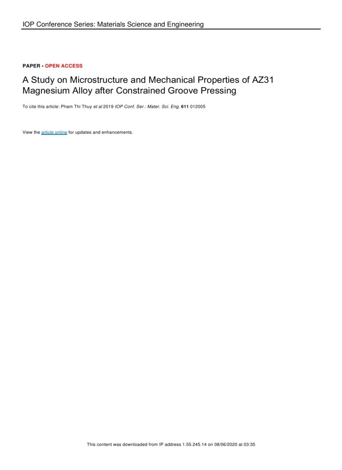 image for page A Study on Microstructure and Mechanical Properties of AZ31 Magnesium Alloy after Constrained Groove Pressing