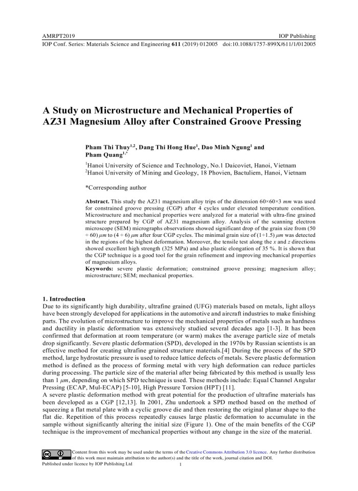 image for page A Study on Microstructure and Mechanical Properties of AZ31 Magnesium Alloy after Constrained Groove Pressing