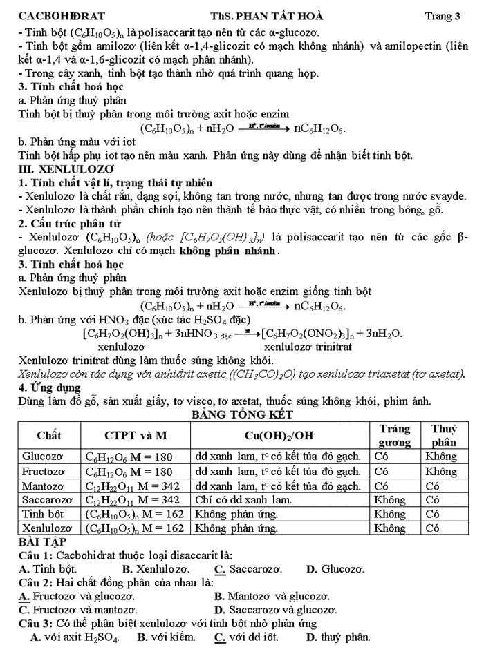 Lý thuyết và và phần dạng bài tập cương cacbohidrat
