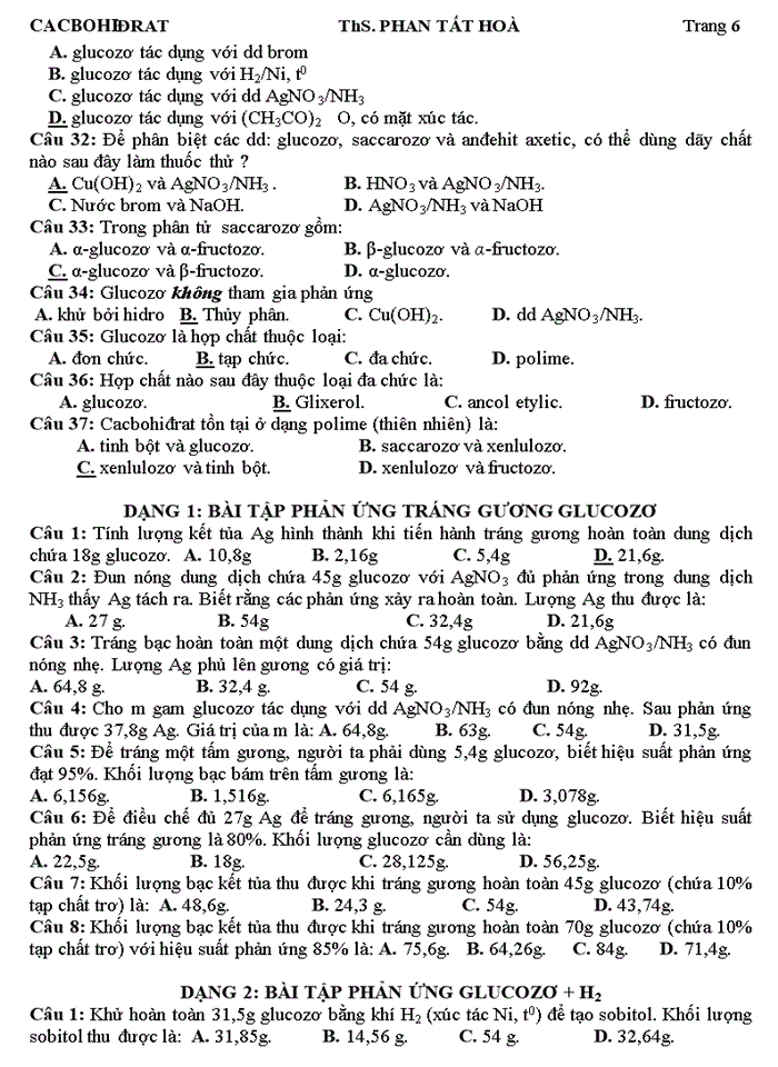 Lý thuyết và và phần dạng bài tập cương cacbohidrat