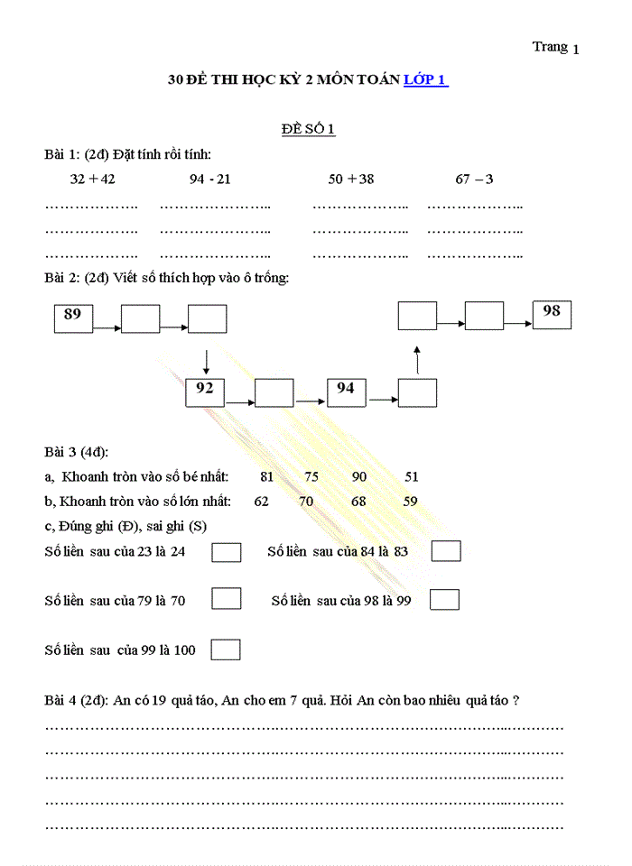 30 đề thi học kỳ 2 môn toán lớp 1
