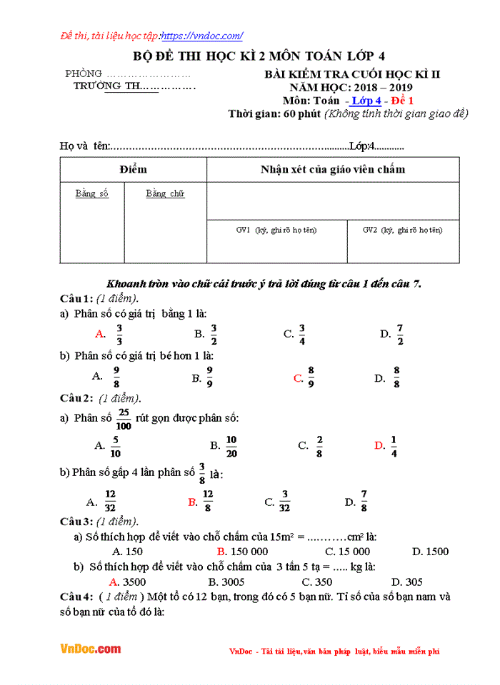image for page Bộ đề thi học kì 2 môn toán lớp 4