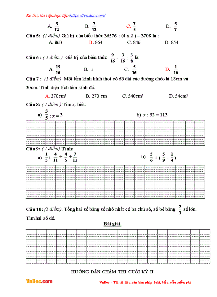 Bộ đề thi học kì 2 môn toán lớp 4