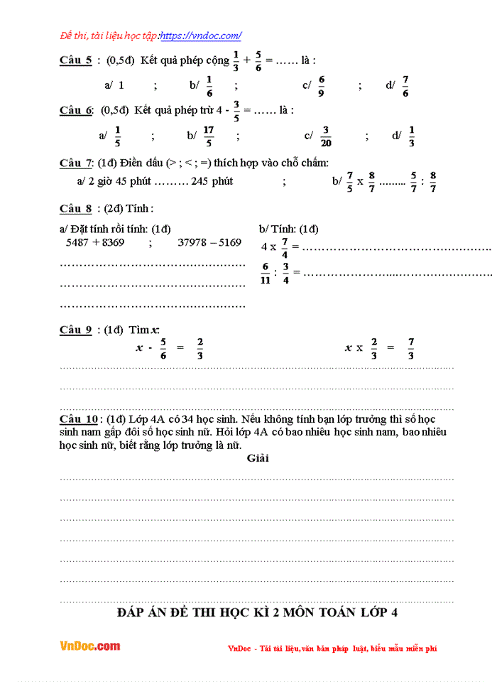 image for page Bộ đề thi học kì 2 môn toán lớp 4