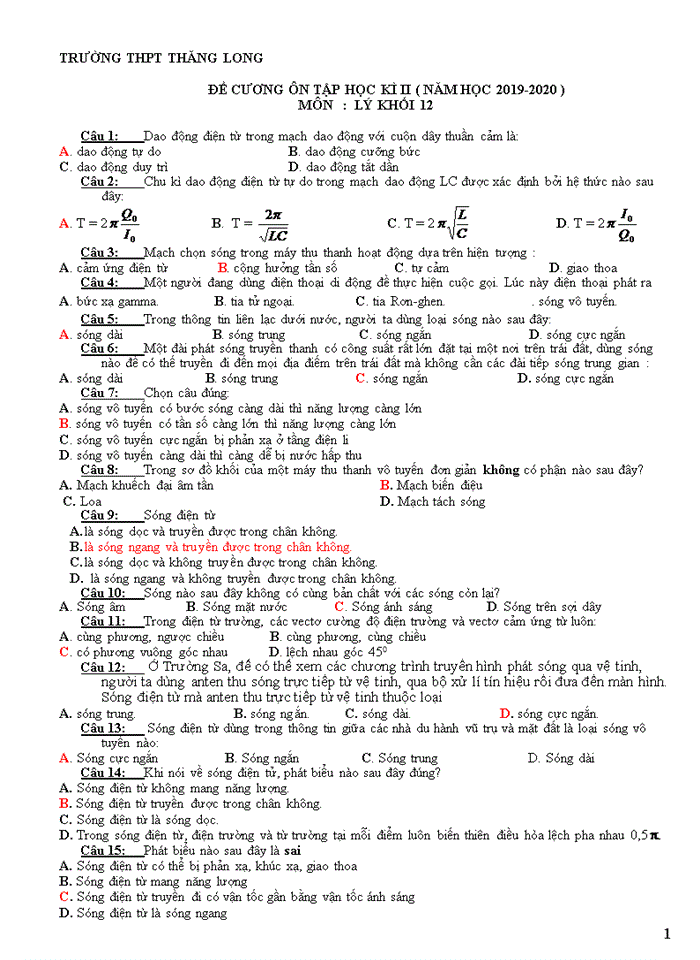 image for page Đề cương ôn tập học kì II lý khối 12