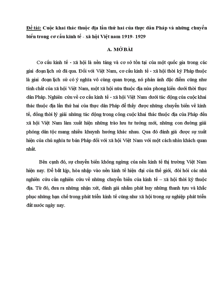 Cuộc khai thác thuộc địa lần thứ hai của thực dân Pháp và những chuyển biến trong cơ cấu kinh tế - xã hội Việt nam 1919- 1929