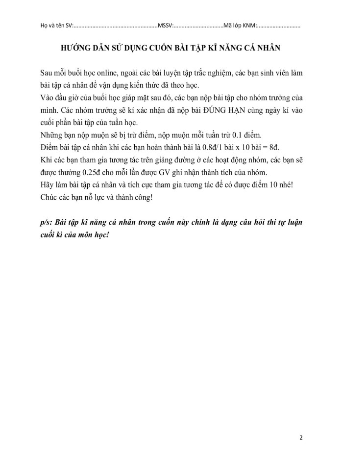 image for page Bài tập kĩ năng cá nhân môn kĩ năng mềm