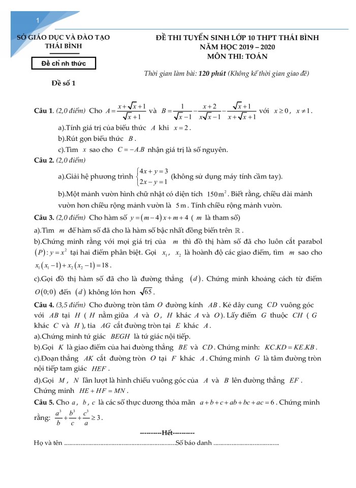 Bộ đề thi vào lớp 10 môn toán tỉnh thái bình