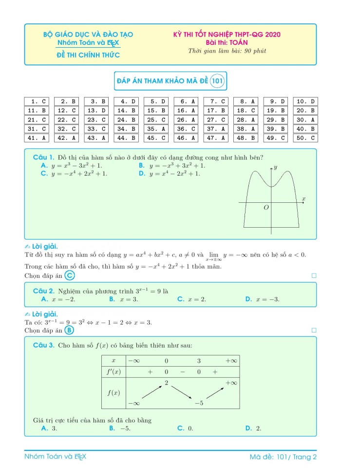 Lời giải chi tiết 4 mã đề gốc môn toán kỳ thi tốt nghiệp thpt 2020