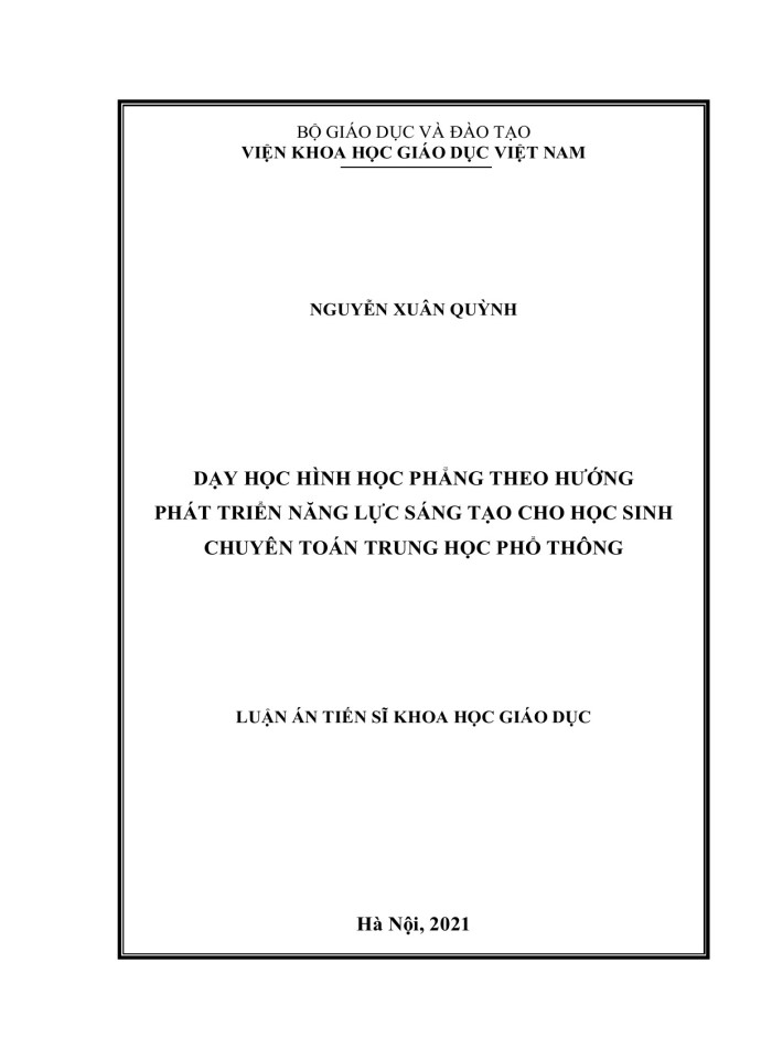 Dạy học hình học phẳng theo hướng phát triển năng lực sáng tạo cho học sinh chuyên toán trung học phổ thông