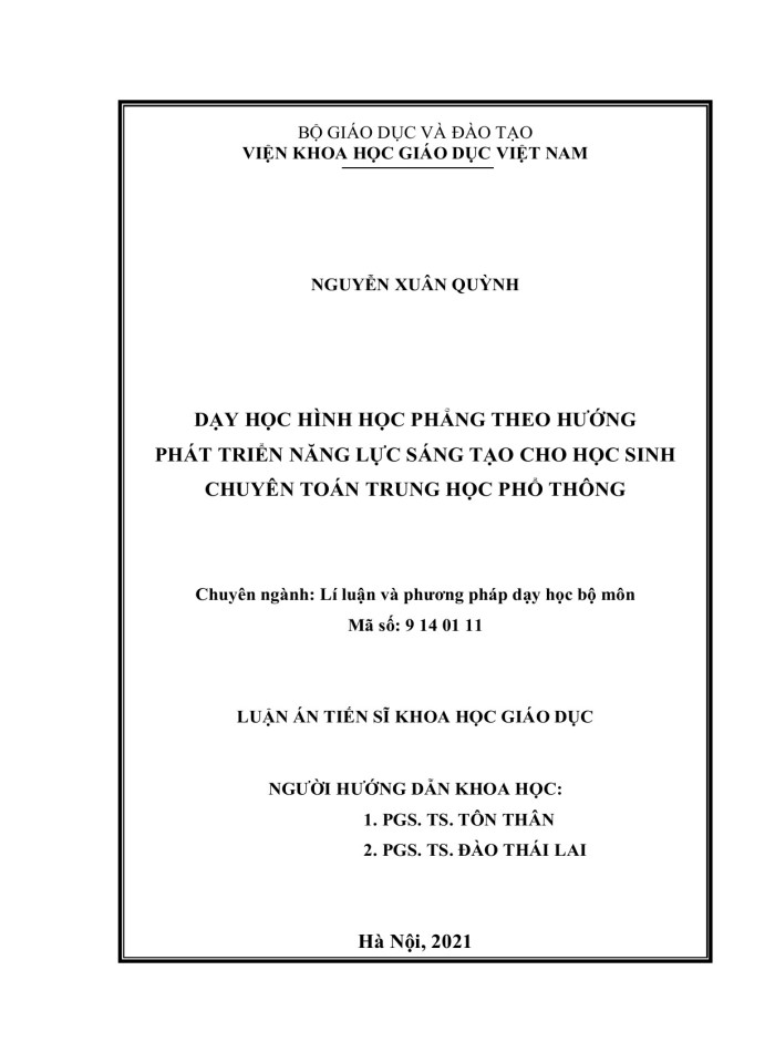 Dạy học hình học phẳng theo hướng phát triển năng lực sáng tạo cho học sinh chuyên toán trung học phổ thông