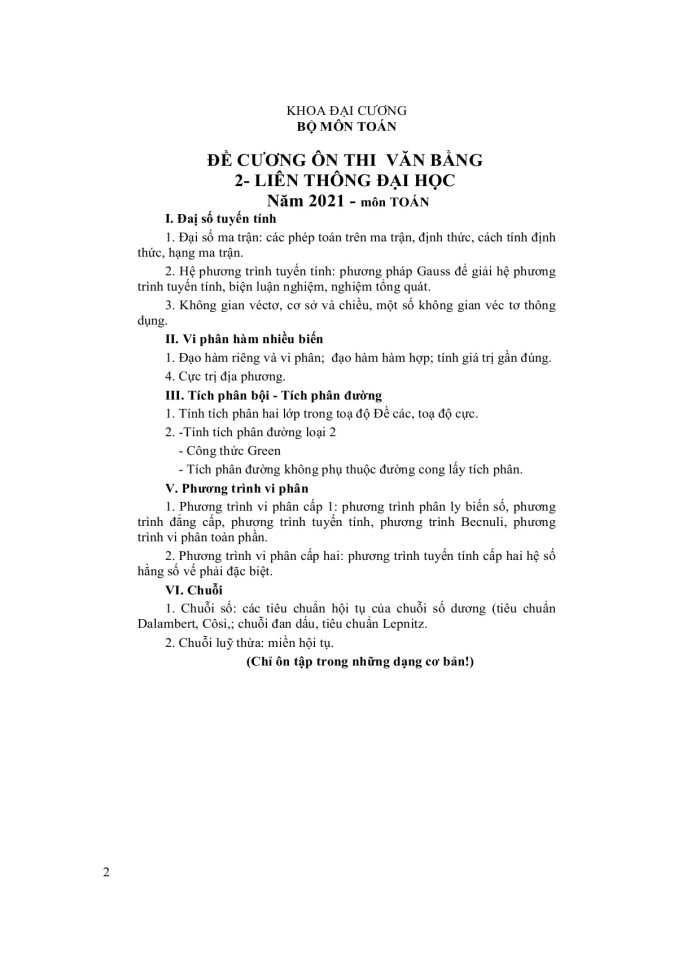 image for page Đề cương ôn thi môn toán thi đầu vào văn bằng II