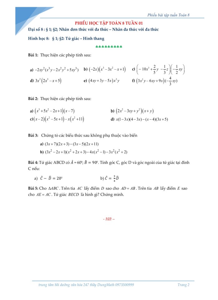 image for page Nhân đơn thức với đa thức – Nhân đa thức với đa thức Tứ giác – Hình thang