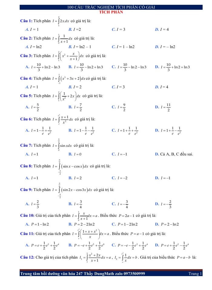 image for page 100 câu trắc nghiệm tích phân có giải