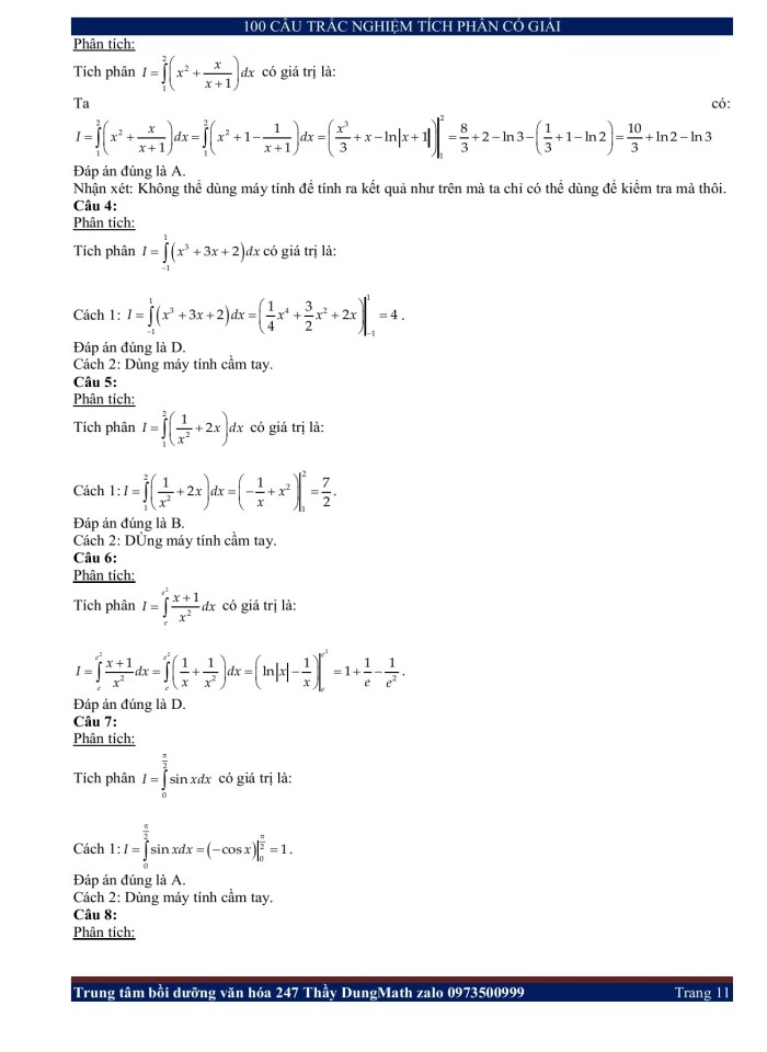 image for page 100 câu trắc nghiệm tích phân có giải