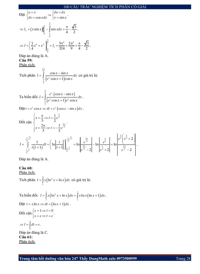 image for page 100 câu trắc nghiệm tích phân có giải