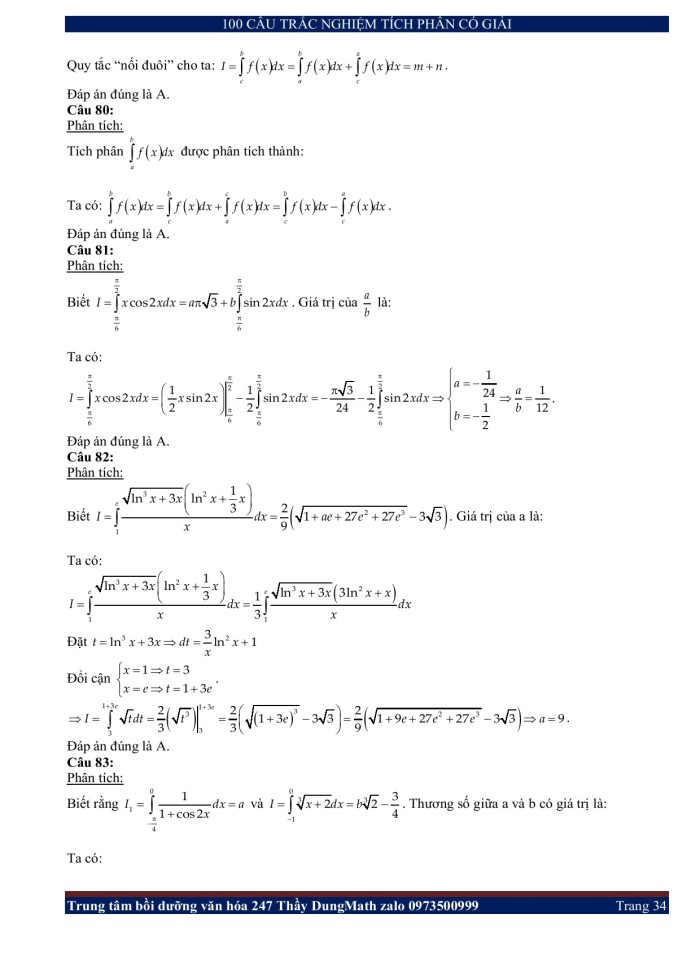 image for page 100 câu trắc nghiệm tích phân có giải