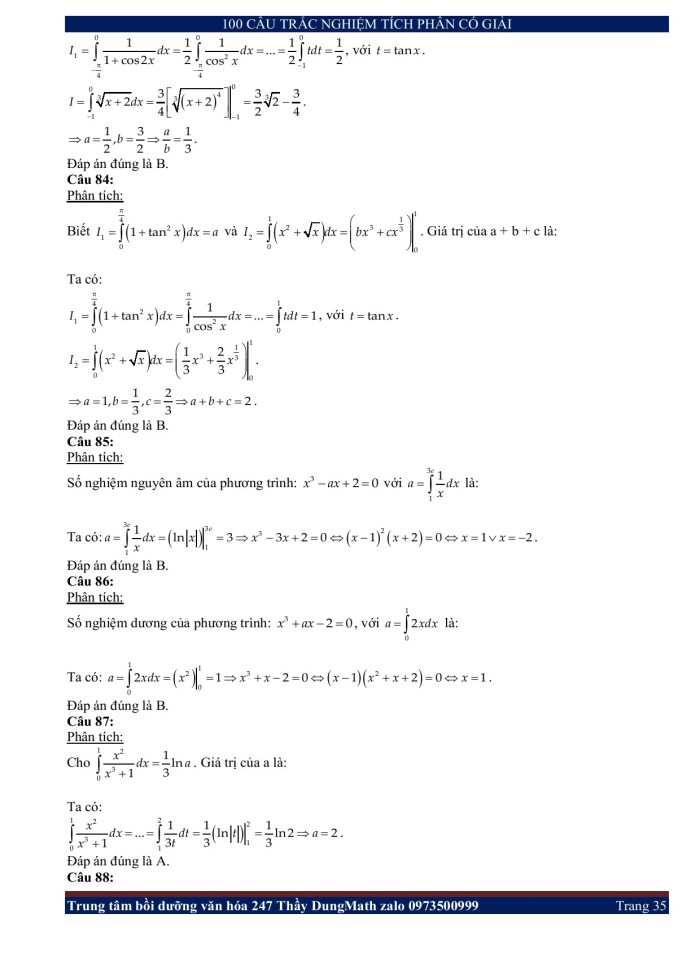 image for page 100 câu trắc nghiệm tích phân có giải