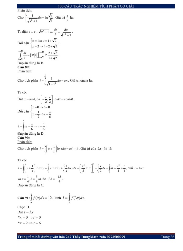 image for page 100 câu trắc nghiệm tích phân có giải