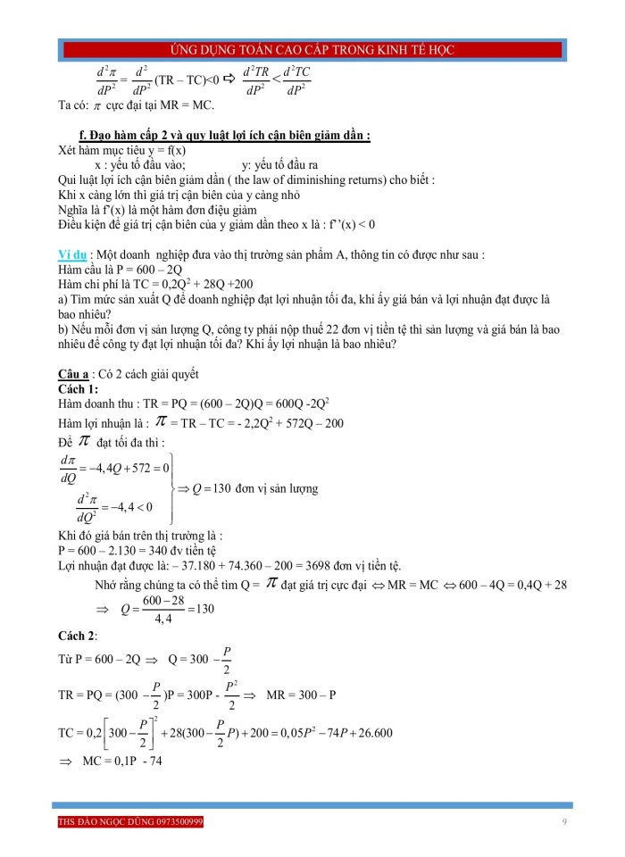 image for page Ứng dụng đạo hàm của hàm một biến hay nhiều biến trong bài toán kinh tế