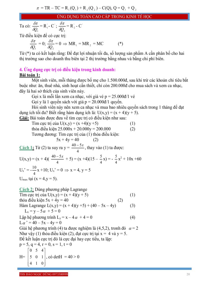 image for page Ứng dụng đạo hàm của hàm một biến hay nhiều biến trong bài toán kinh tế