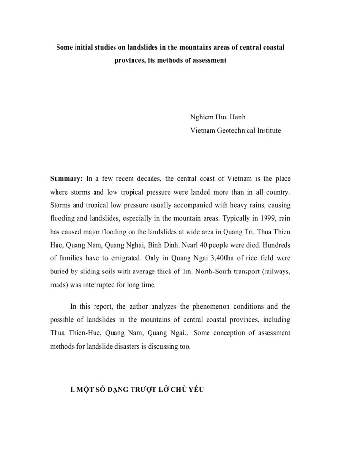 Nghiên cứu bước đầu về trượt lở đất ở vùng núi một số tỉnh duyên hải miền trung.
