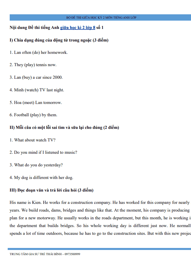 image for page Tuyển tập bộ đề thi tiếng anh 8 hay nhất