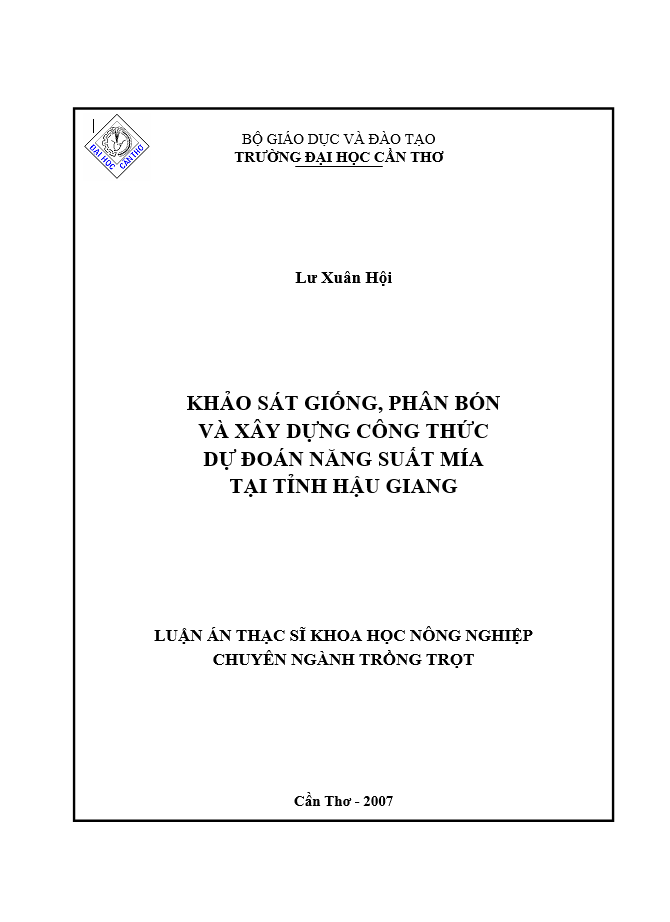 image for page Xây dựng phương trình dự tính năng suất mía và thử áp dụng dự đoán năng suất mía trên ruộng thí nghiệm tại tỉnh Hậu Giang