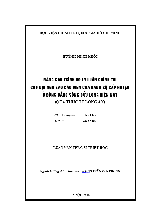 Nâng cao trình độ lý luận chính trị cho đội ngũ báo cáo viên của đảng bộ cấp huyện ở đồng bằng Sông Cửu Long hiện nay (qua thực tế Long An)