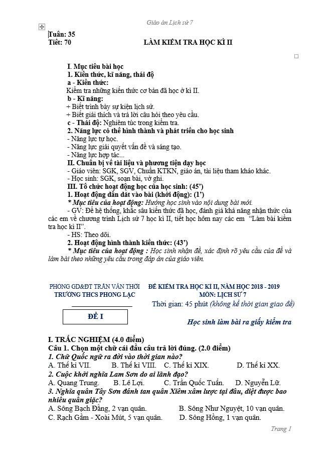 image for page Giáo án và đề cương đề thi môn Lịch Sử lớp 7